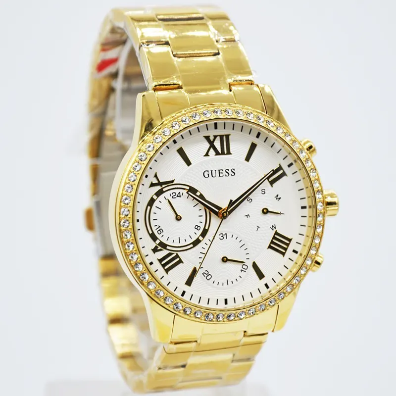 Guess Solar Crystal Silver Dial Gold-tone Ladies Watch- W1069L2